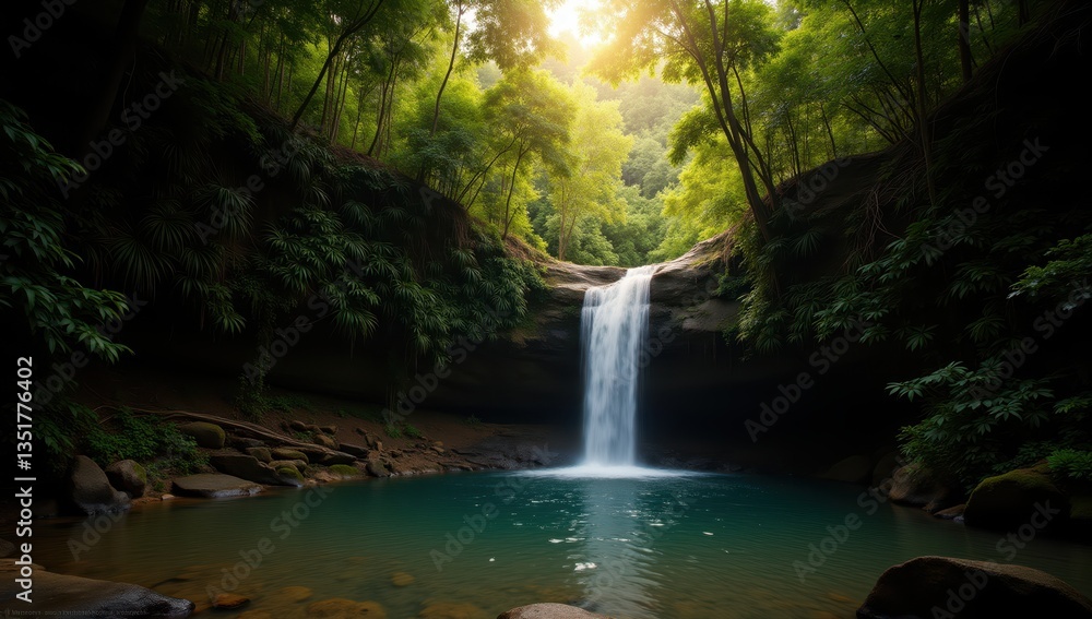 Obraz premium Serene Secluded Waterfall Flowing into Natural Tropical Pool