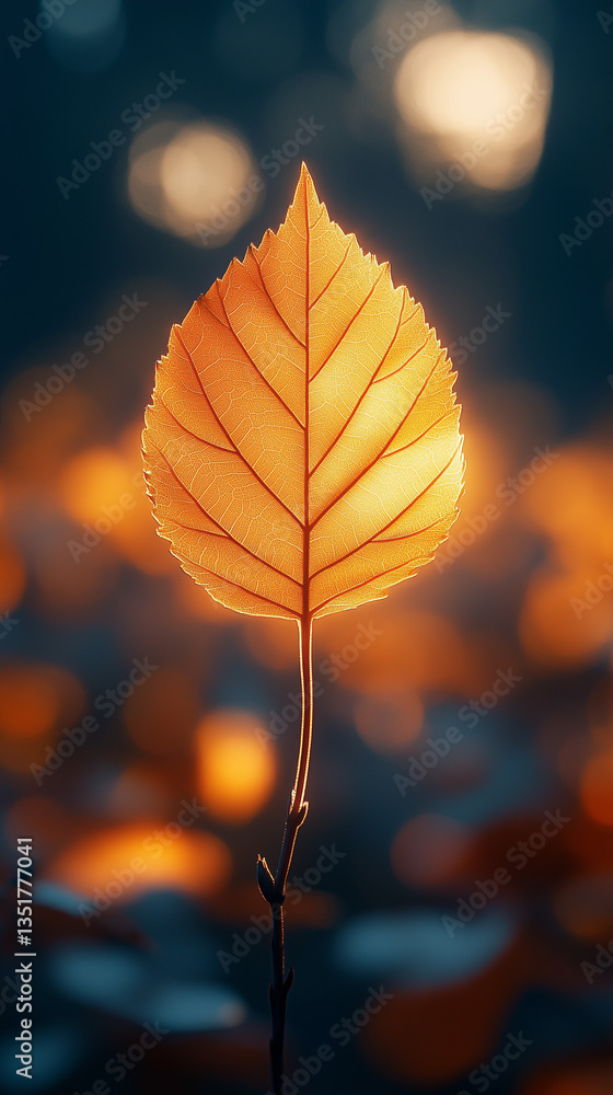 Illuminated leaf against a blurred autumn background Illuminated leaf against a blurred autumn background