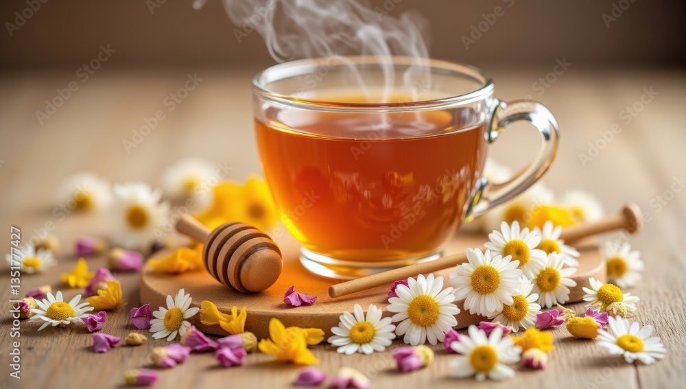 Steaming Glass Cup of Chamomile Tea Surrounded by Dried Flowers Steaming Glass Cup of Chamomile Tea Surrounded by Dried Flowers