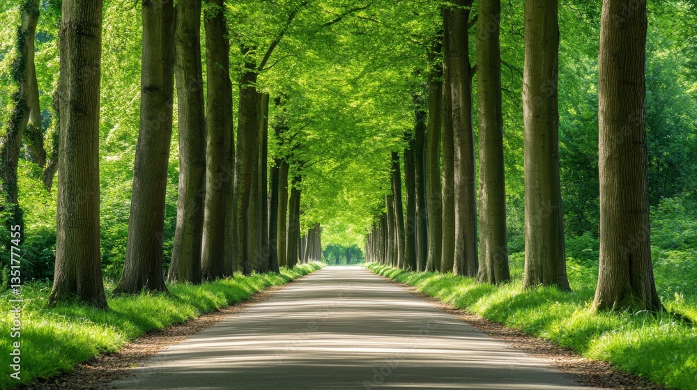 Fototapeta premium A scenic walkway lined with tall green trees forming a natural tunnel