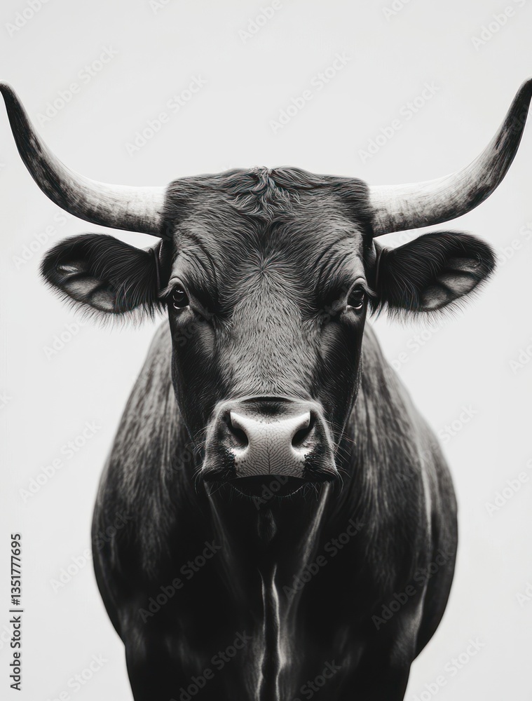 Naklejka premium Black bull portrait, farm animal, monochrome, intense gaze, wall art