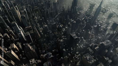 Aerial view cityscape, overcrowded metropolis, polluted sky, industrial dystopia, AI-generated, dark sci-fi aesthetic, towering brutalist architecture