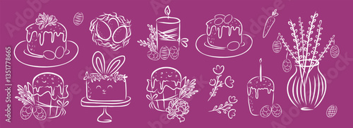 Doodle Easter set. Vector hand drawn design of kulich, bunny cake, eggs and spring flowers.