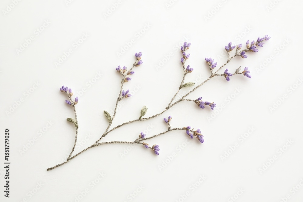 Delicate embroidered branch with small purple flowers on a white background. Delicate embroidered branch with small purple flowers on a white background.