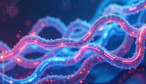 A swirling, abstract representation of DNA shimmers with vibrant blue and pink light, illustrating the complexity of genetic structures. Graphical resource for design and downstream advertisement