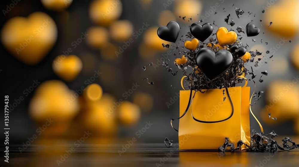 Naklejka premium Shopping moment, playful hearts escape in motion from a gift bag. I give you my love, concept.