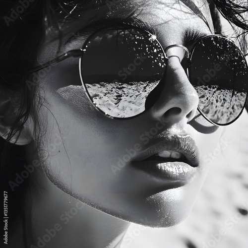 A stylish woman with dark hair wears large round sunglasses reflecting a beach scene in a black and white editorial fashion photograph showcasing summer eyewear trends.