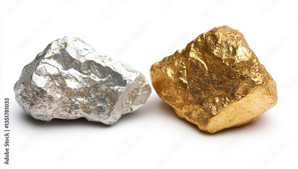 shiny gold and silver raw nuggets isolated on white background symbolizing wealth value and precious minerals shiny gold and silver raw nuggets isolated on white background symbolizing wealth value and precious minerals