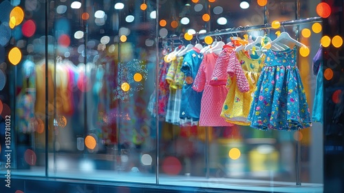 Colorful Children's Dresses in a Boutique Window Display at Night