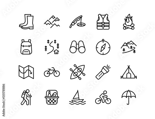 Outdoor Recreation Vector Icon Set | Adjustable Line Weight | Hiking, camping, fishing, kayaking, biking, mountains, compass, picnic, tent, backpack, adventure, exploring, leisure icons