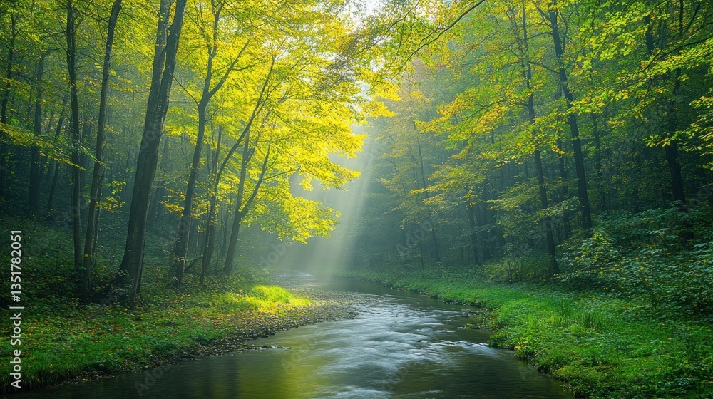 Naklejka premium Serene Forest Stream: A Misty Morning in Autumn