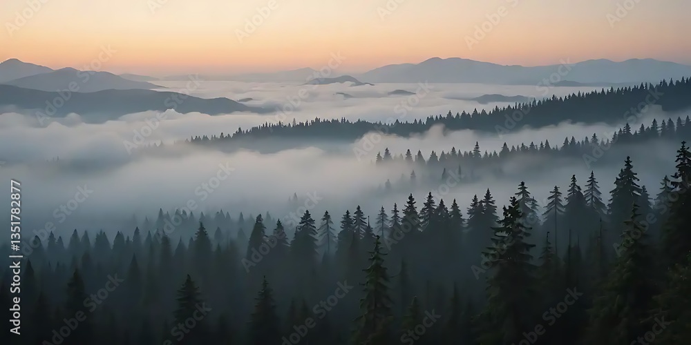 Fototapeta premium Spectacular mountain scenery with majestic forest shrouded in morning mist