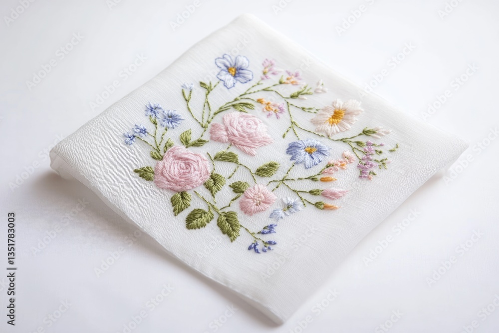 Delicate hand-embroidered floral design on white fabric, showcasing roses and wildflowers. Delicate hand-embroidered floral design on white fabric, showcasing roses and wildflowers.