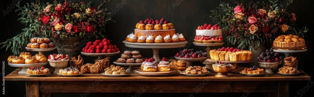 Delicious Dessert Table with Cakes Pastries Cookies and Sweet Treats Delicious Dessert Table with Cakes Pastries Cookies and Sweet Treats