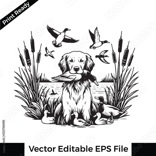 Vector Brittany Spaniel dog hunting duck holding duck in its mouth, t-shirt and logo