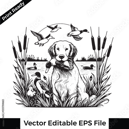 Vector Brittany Spaniel dog hunting duck holding duck in its mouth, t-shirt and logo