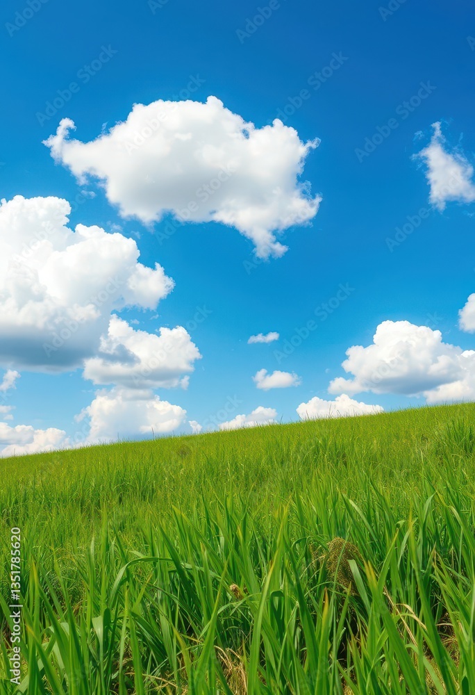 Obraz premium Vibrant green grass under a vast blue sky dotted with fluffy white clouds, clouds, grass