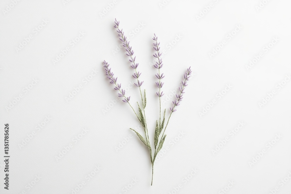 Fototapeta premium Elegant lavender sprigs arranged on a white background, showcasing delicate purple flowers and green leaves.