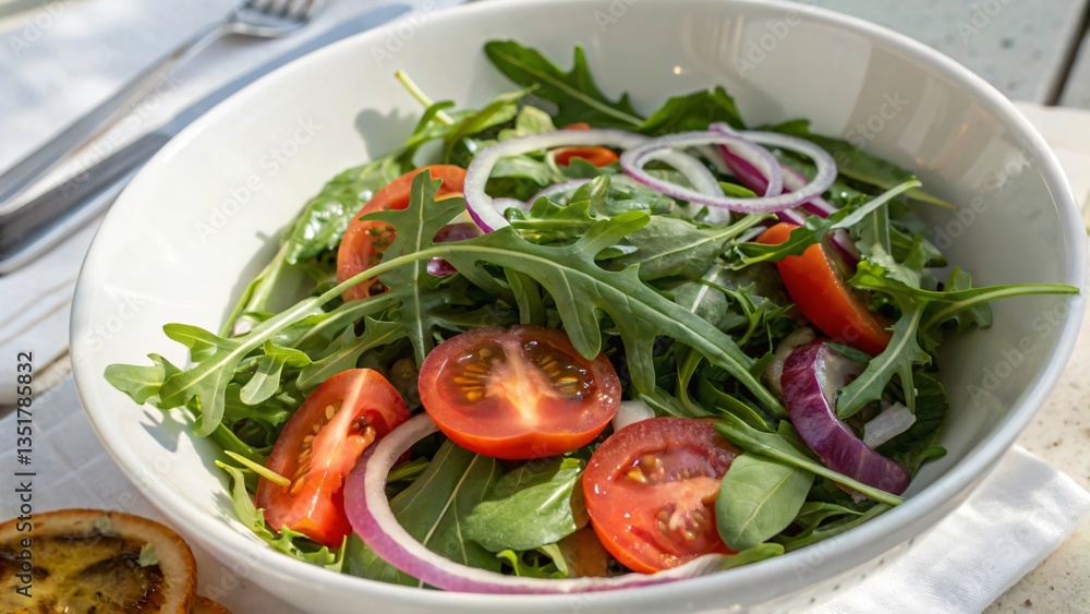 Fresh Arugula Salad with Tomatoes, Red Onions, and Seasoning on Rustic Table