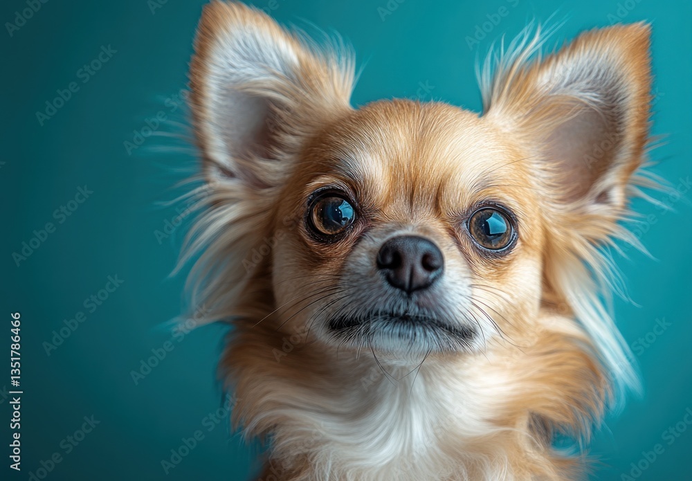 Curious Small Dog with Tilted Head on Vibrant Blue Background Curious Small Dog with Tilted Head on Vibrant Blue Background
