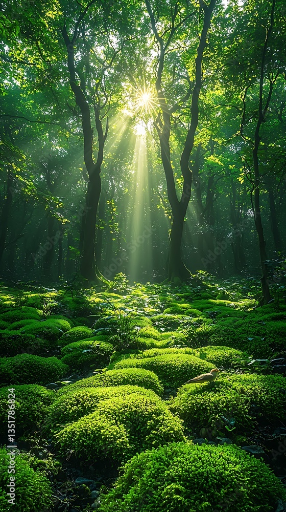 Obraz premium Dense woodland with radiant sunlight beams high resolution picture