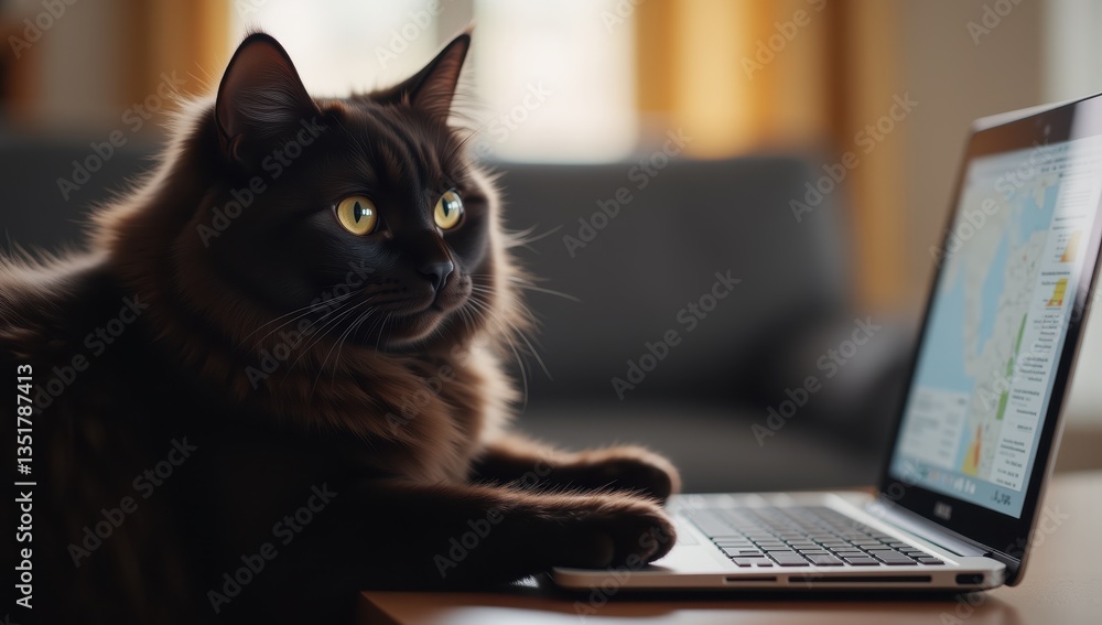 Black Cat Sitting in Front of Laptop with Focused Expression Black Cat Sitting in Front of Laptop with Focused Expression