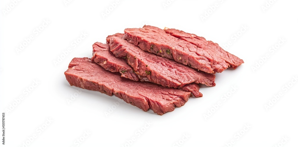 Fresh, raw beef slices arranged neatly on a white background, showcasing their vibrant red color and marbled texture. Fresh, raw beef slices arranged neatly on a white background, showcasing their vibrant red color and marbled texture.