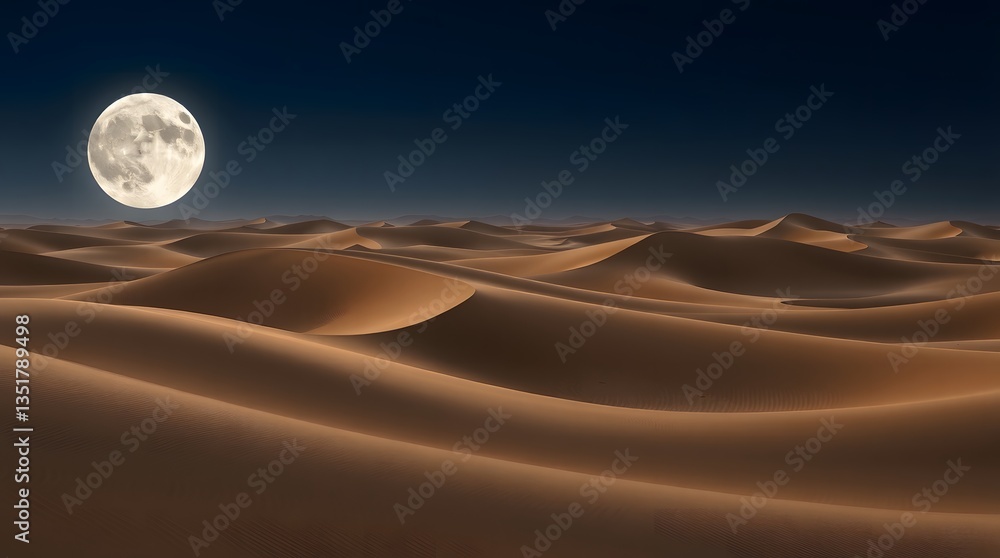 Naklejka premium Full Moon Over Sand Dunes in Serene Desert Night