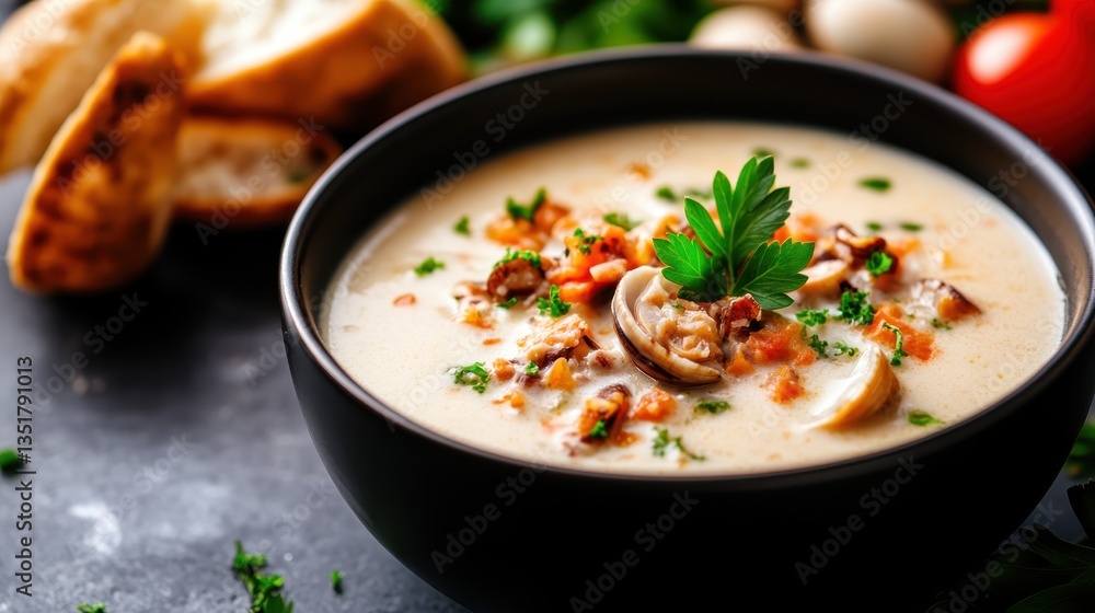 A bowl of creamy clam chowder loaded with fresh ingredients and garnished elegantly, capturing the essence of comfort food in a heartwarming meal to savor during colder days. A bowl of creamy clam chowder loaded with fresh ingredients and garnished elegantly, capturing the essence of comfort food in a heartwarming meal to savor during colder days.