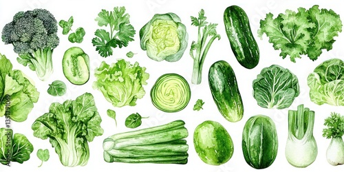 Watercolor Pattern of Green Vegetables Fresh and Vibrant on White Background Minimalist Design