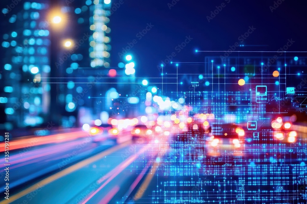 Obraz premium Nighttime cityscape with blurred light trails illustrating the ai powered smart city traffic management in action