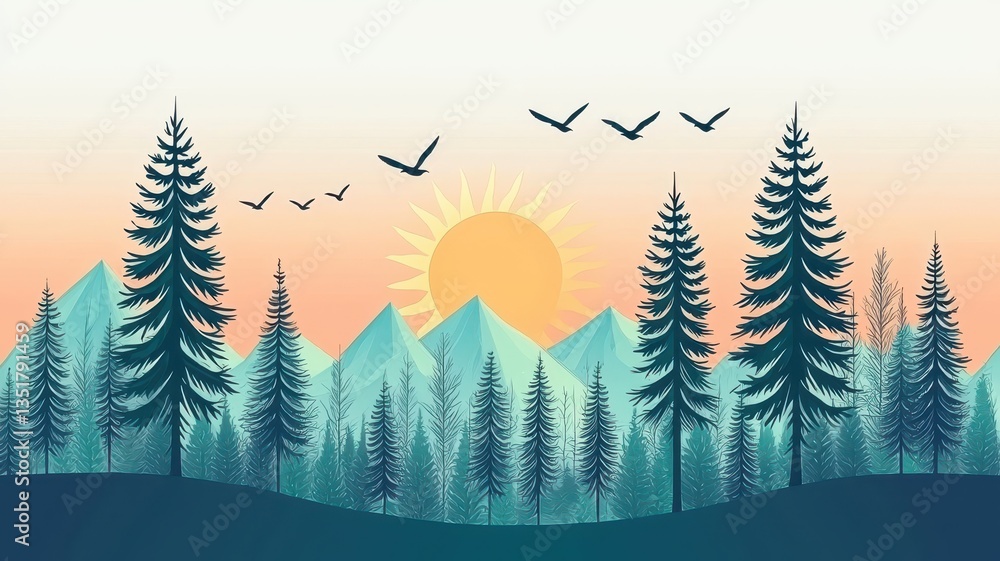 Fototapeta premium Serene Sunset Mountain Landscape Majestic Pine Trees Birds in Flight Peaceful Nature Scene