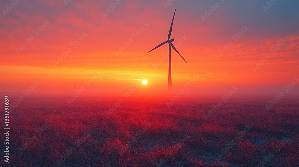 Obraz premium A large wind turbine stands alone at sunset in the field