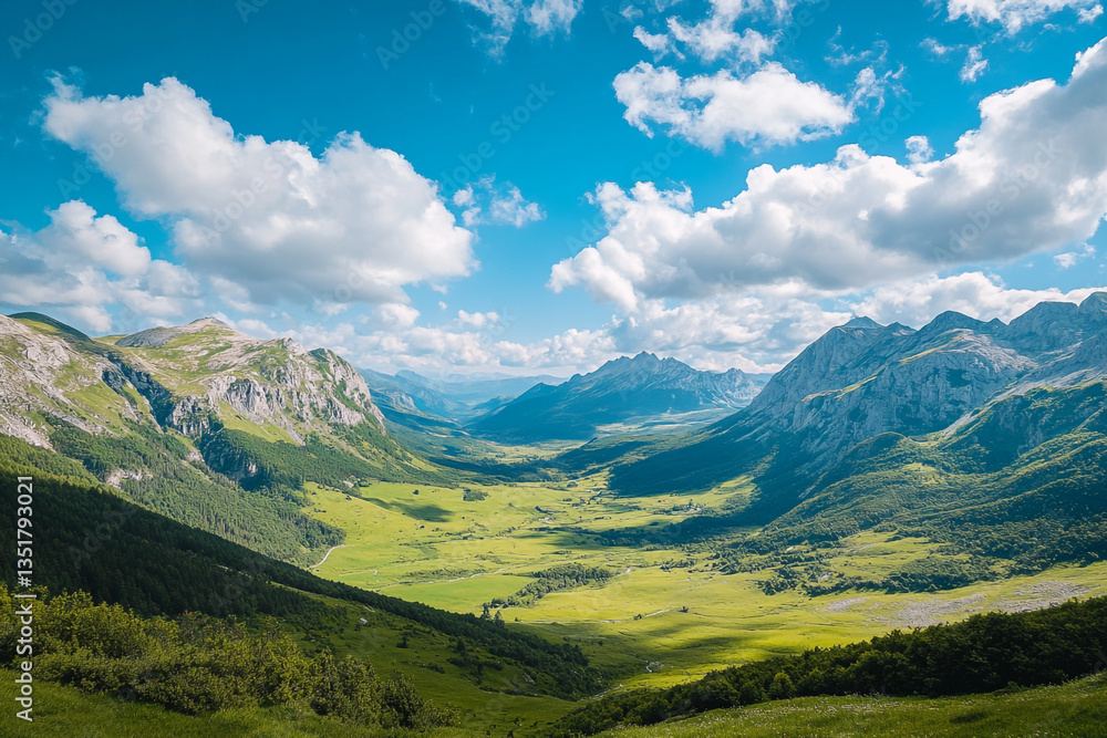 A scenic view of a green valley surrounded by mountains under a bright blue sky with white clouds A scenic view of a green valley surrounded by mountains under a bright blue sky with white clouds