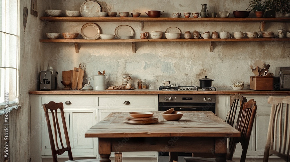 Warm rustic farmhouse kitchen decor wooden table with vintage crockery muted tones soft transparent white backdrop adds brightness and charm. Warm rustic farmhouse kitchen decor wooden table with vintage crockery muted tones soft transparent white backdrop adds brightness and charm.