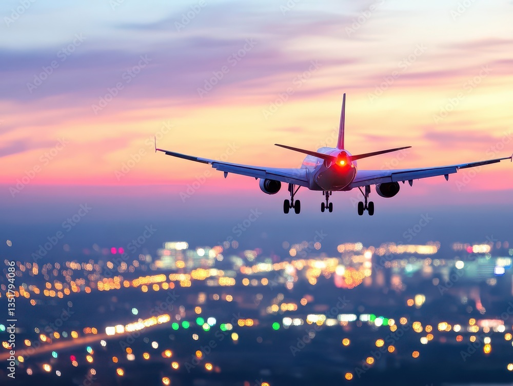 Airplane soaring gracefully above urban landscape with skyscrapers and city lights beneath its flight path Airplane soaring gracefully above urban landscape with skyscrapers and city lights beneath its flight path