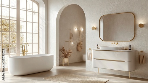 White and brass mid-century modern bathroom clean vanity with brass hardware large mirror with brass frame soft lighting and simple decor create a refined aesthetic 