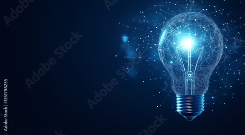 Futuristic glowing light bulb with digital network connections on dark blue background symbolizing innovation and technology