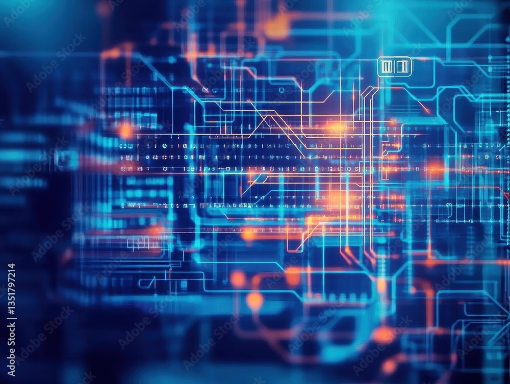 Circuit board design with a blue background representing the digital realm and the fusion of technology and innovation