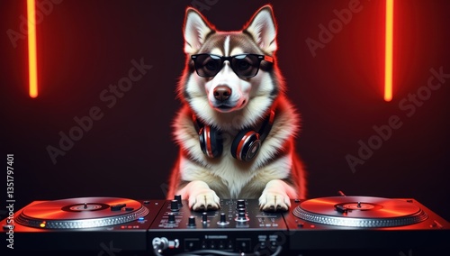 Wallpaper Mural Husky Dog Wearing Headphones and Sunglasses at DJ Booth with Turntables Torontodigital.ca