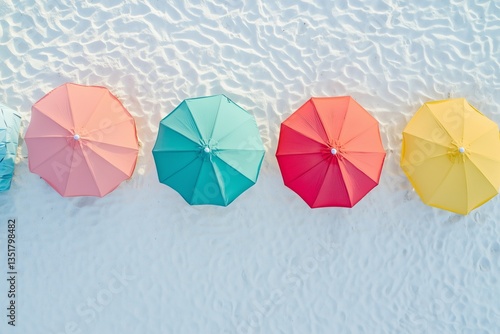 aerial view of colorful beach umbrellas on white sand for summer travel promotions, beach lifestyle content, vacation planning, and coastal design visuals