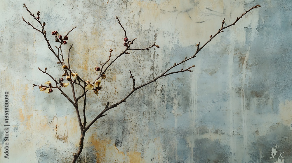 Blossoming branch stands gracefully against textured blue and beige backdrop