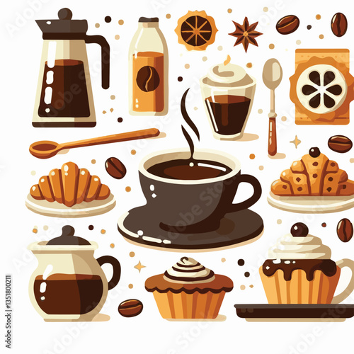 coffee, drink, background, beverage, espresso, cup, cafe, caffeine, food, hot, morning, white, mug, breakfast, brown, aroma, black, fresh, dark, closeup, design, cappuccino, mocha, latte, vector, set,