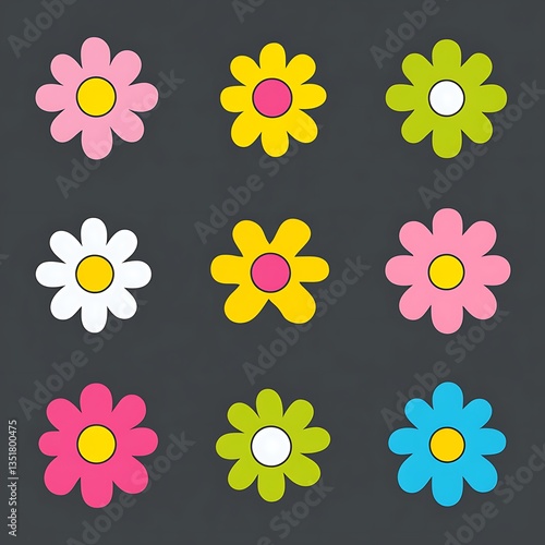 Colorful Flower Icons with Dark Background.