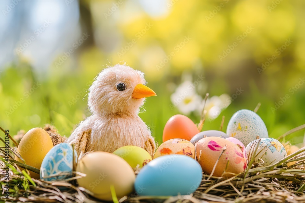 Cute chick surrounded by colorful Easter eggs Cute chick surrounded by colorful Easter eggs