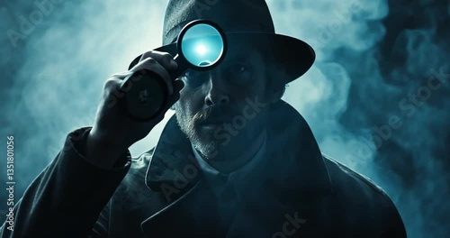 Detective with magnifying glass in smoky environment. Potential use for mystery, investigation, suspense