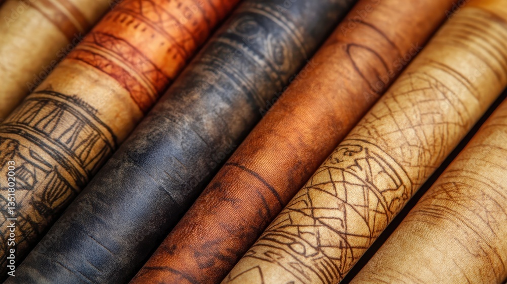 Fototapeta premium Rolled Parchment Collection: A close-up shot showcasing a variety of beautifully rolled parchments with intricate patterns and unique textures, reminiscent of ancient manuscripts.