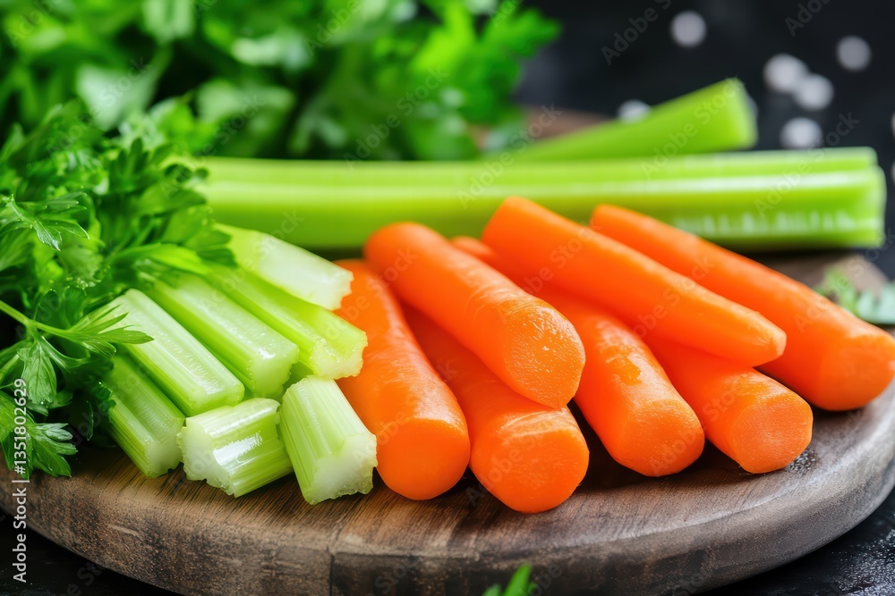Fresh Carrots and Celery Sticks on Wooden Cutting Board Fresh Carrots and Celery Sticks on Wooden Cutting Board
