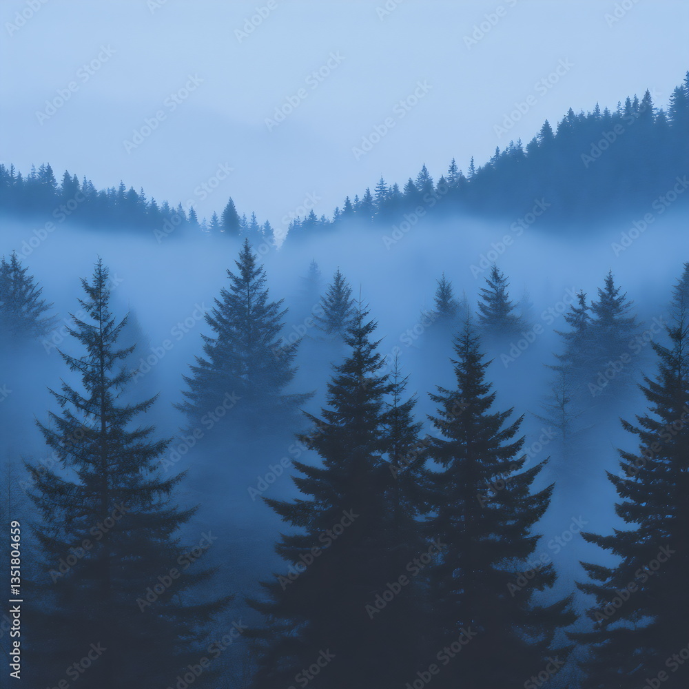 Fototapeta premium Misty forest landscape at dawn with tall evergreen trees shrouded in fog and a serene blue atmosphere