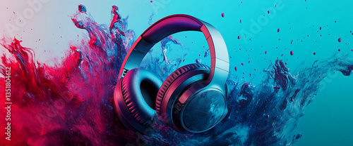 Over-ear headphones submerged in a vibrant blue and red paint splash, showcasing dynamic energy and audio immersion